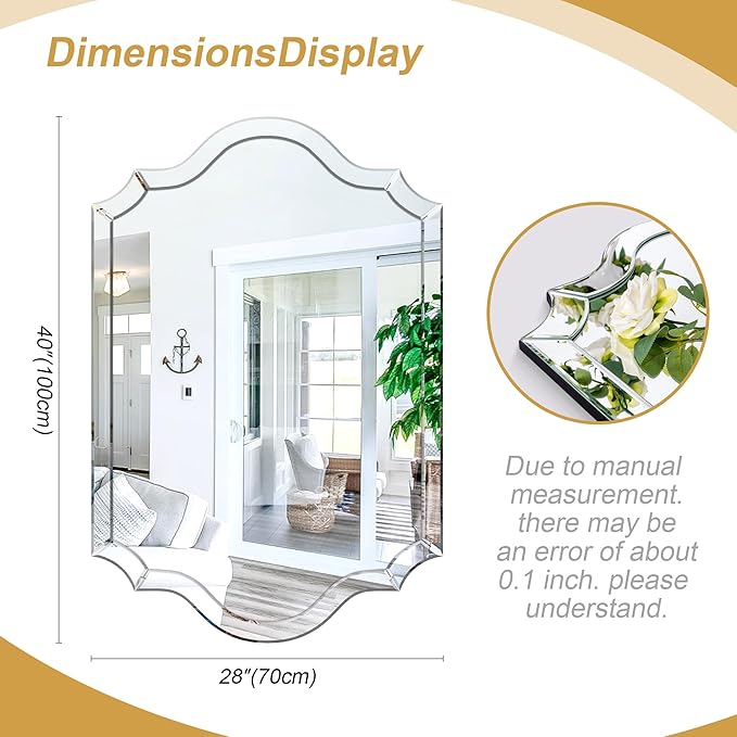 Chende Arched Wall Mirror with Beveled Edge and Glass Frame, 28" x 40" Decorative Mirror for Decor Living Room, Bathroom, Dining Room, Bedroom, Horizontal/Vertical Hanging
