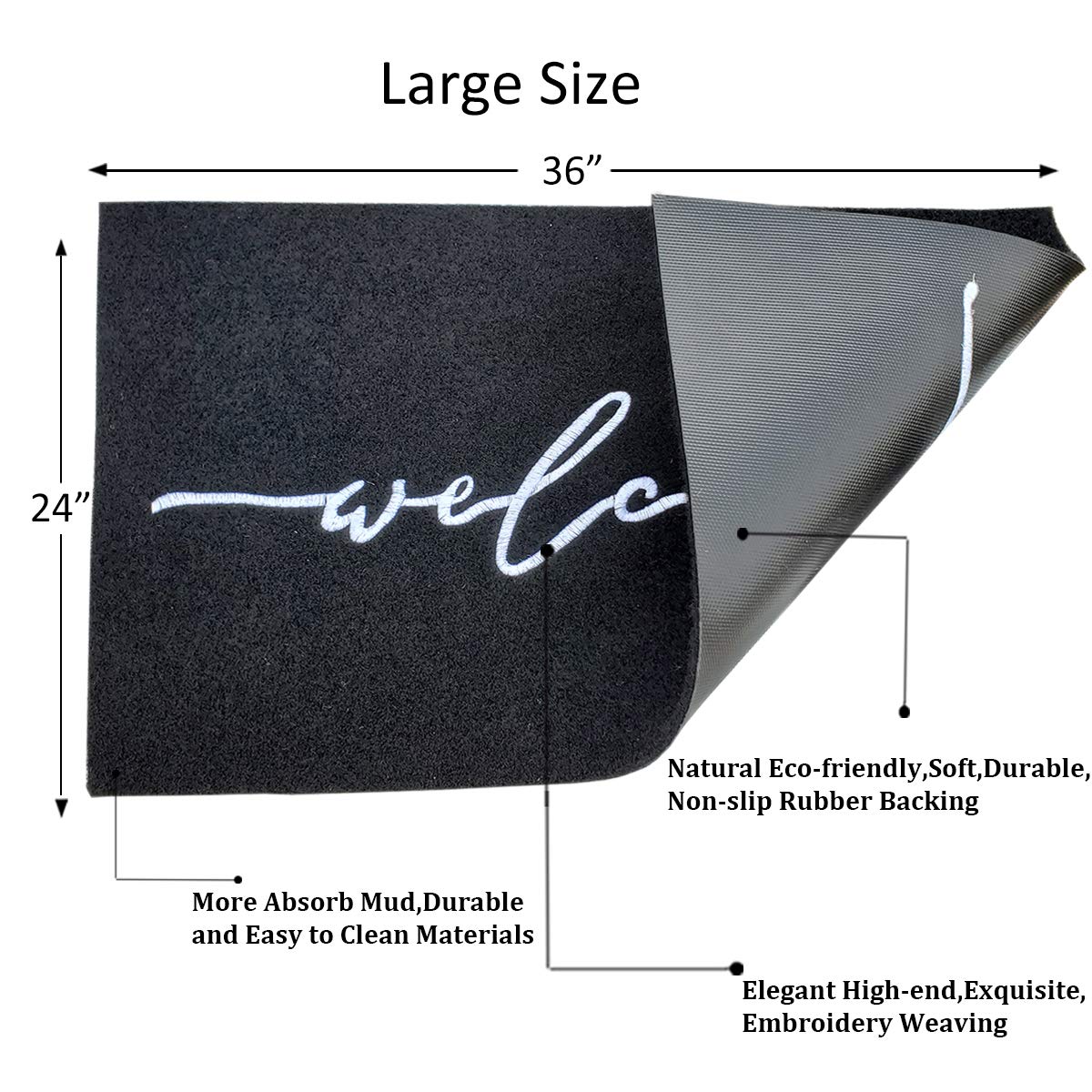 AAZZKANG Welcome Mats for Front Door Large 24"x36" with Non Slip Rubber Backing Quickly Trap Dirt Easy to Clean Entry Mat for Indoor High Traffic Areas Outdoor Doormat Black