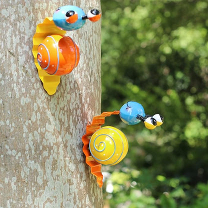 Metal Garden Decor Cute Snail Yard Art Outdoor Lawn Patio Ornament Fence Decorations for Outside - Set of 2(Yellow,Orange)