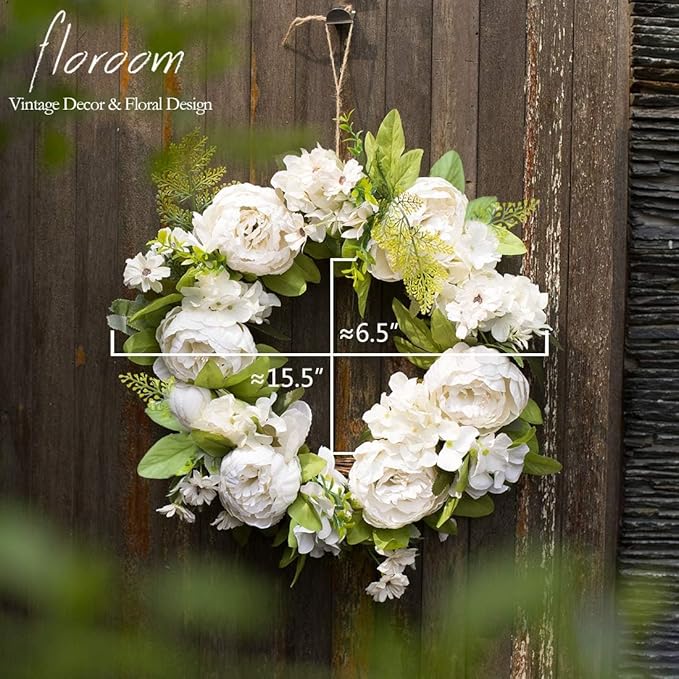 Floroom Floral Wreath, Artificial White Peony Wreath, 15"-16" Front Door Decorations Wall Decor
