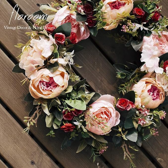 Floroom Floral Wreath, Artificial Peony Wreath, 15"-16" Front Door Decorations Wall Decor