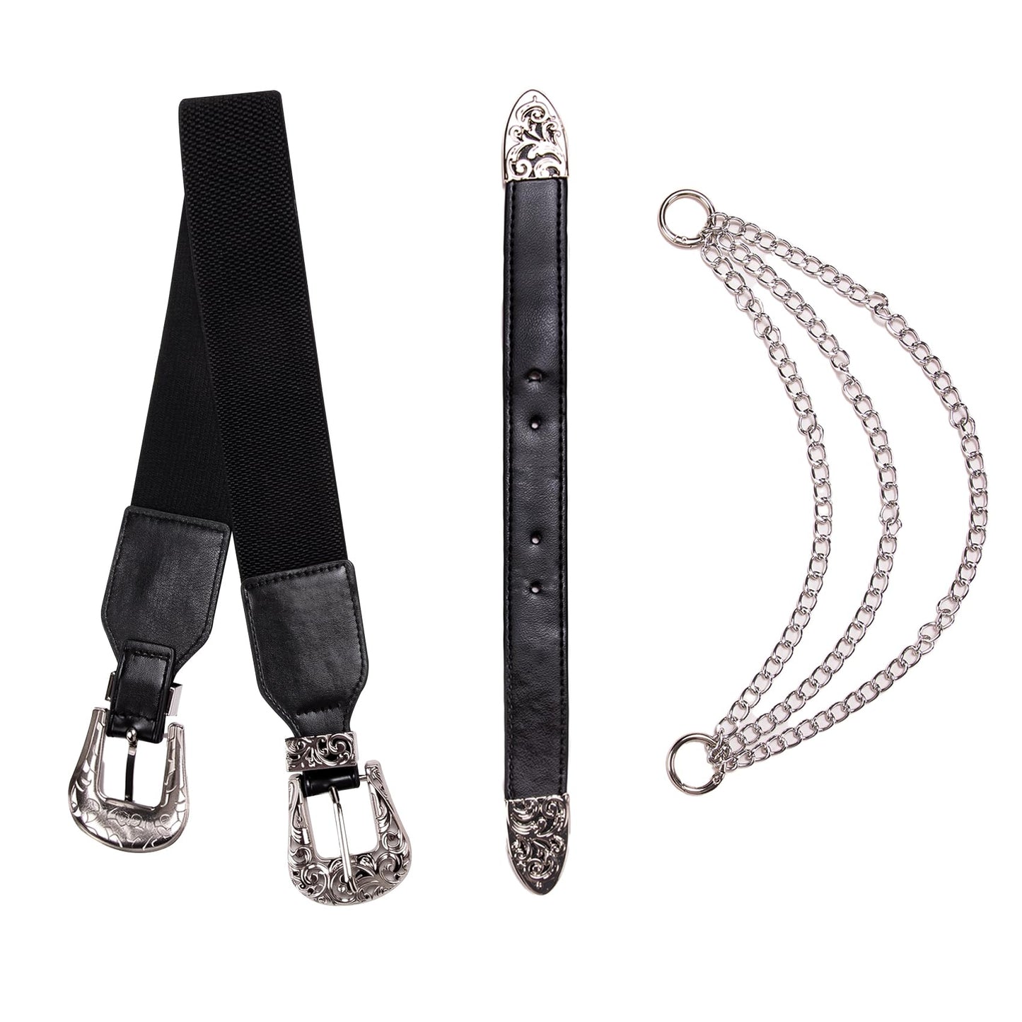 Dubulle Womens Belt Silver Black Chain Leather Belts Vintage Western Adjustable Elastic Double Buckle for Cowboy Pant Dress