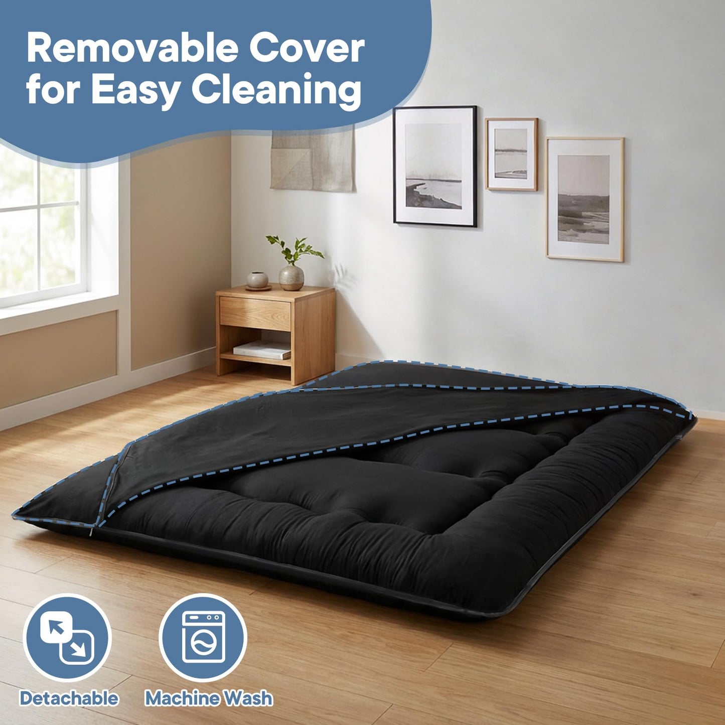 DUMOS Japanese Floor Mattress Queen Size, Futon Mattress Foldable with Removable Washable Cover, Portable Roll Up Tatami Mat for Small Bedroom, Couples, Family Movie Night and Home Use, Black