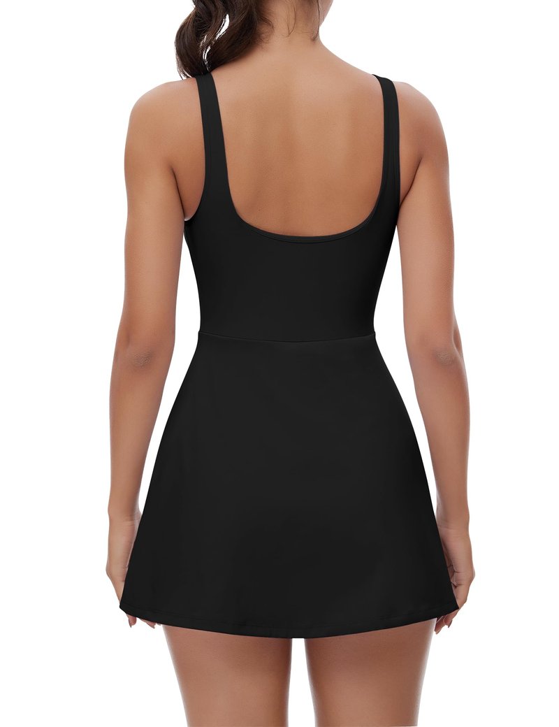 FOMELY Women's Tennis Dress with Built-in Shorts & Bra - Athletic Golf Dress, Side Slit Flare Mini, Black, X-Large
