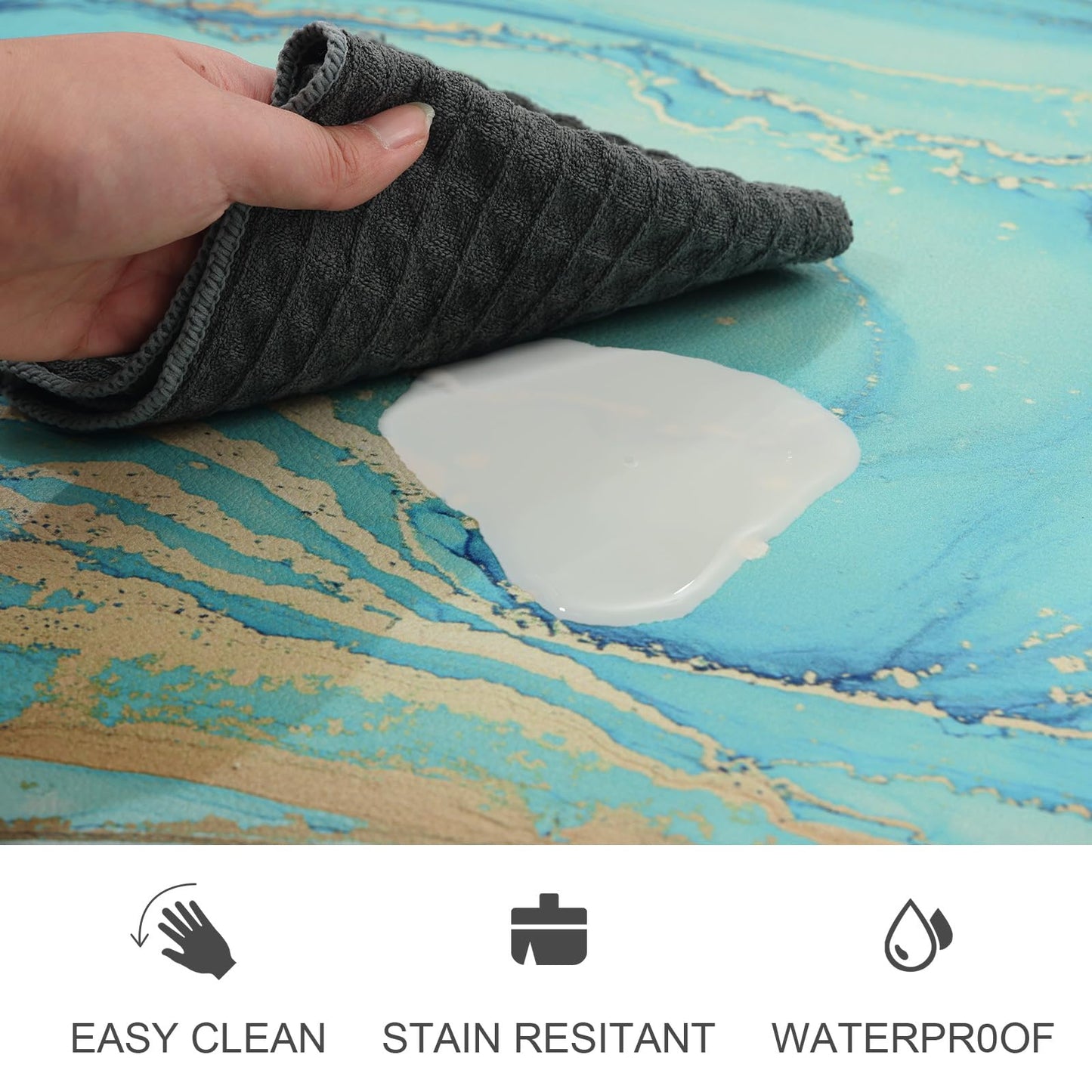 MAYHMYO Kitchen Rugs and Mats Set of 2 Teal Marble Gold Anti Fatigue Mat PVC Non Slip Turquoise Foam Cushioned Kitchen Mats for Floor Dining Room Home Office Sink Laundry