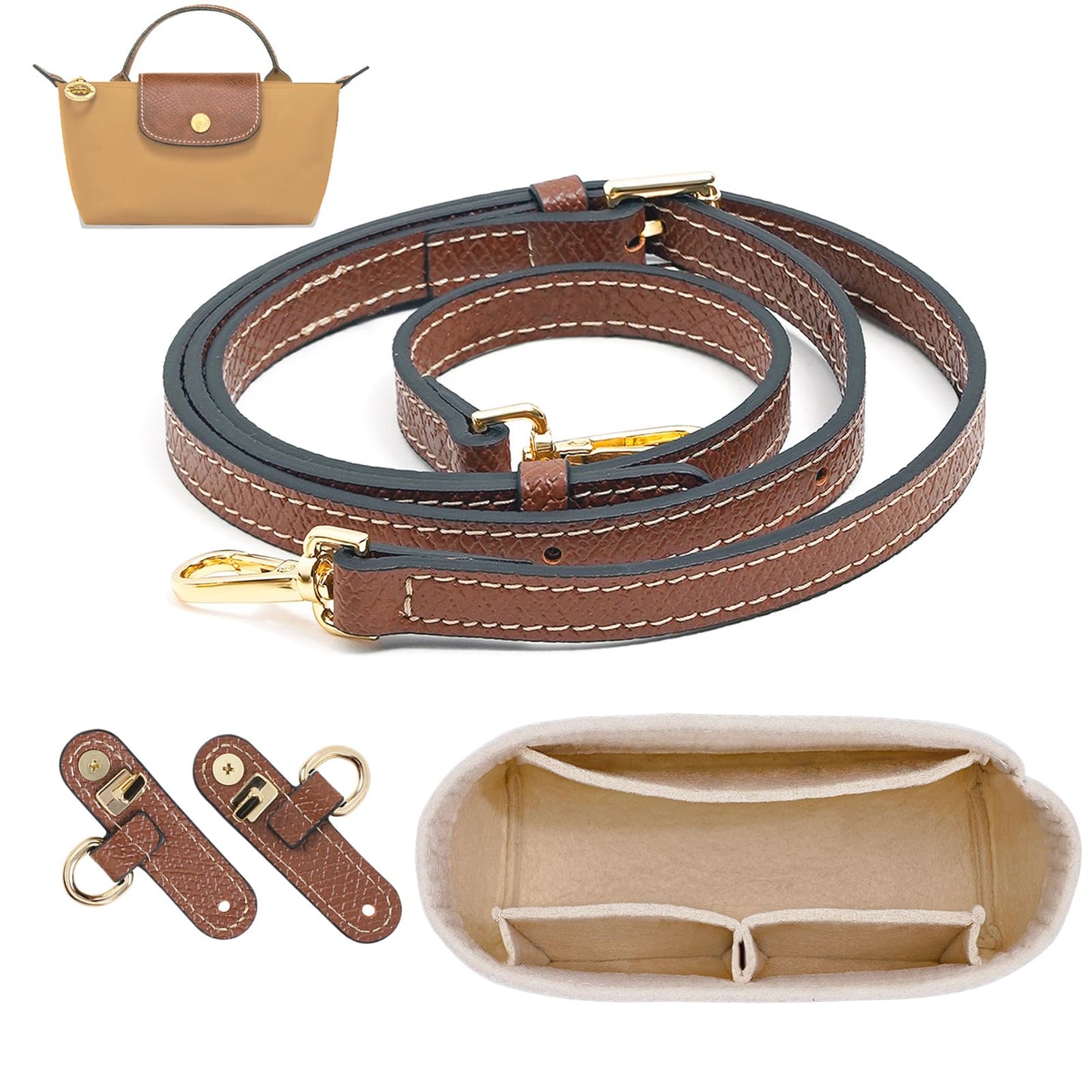 LOUKAYCCI 2 Kit Mini Bag Leather Shoulder Strap and Felt Purse Organizer Insert for Longchamp mini XS Bag Punch-Free Adjustable Buckle Design（Beige & Strap）