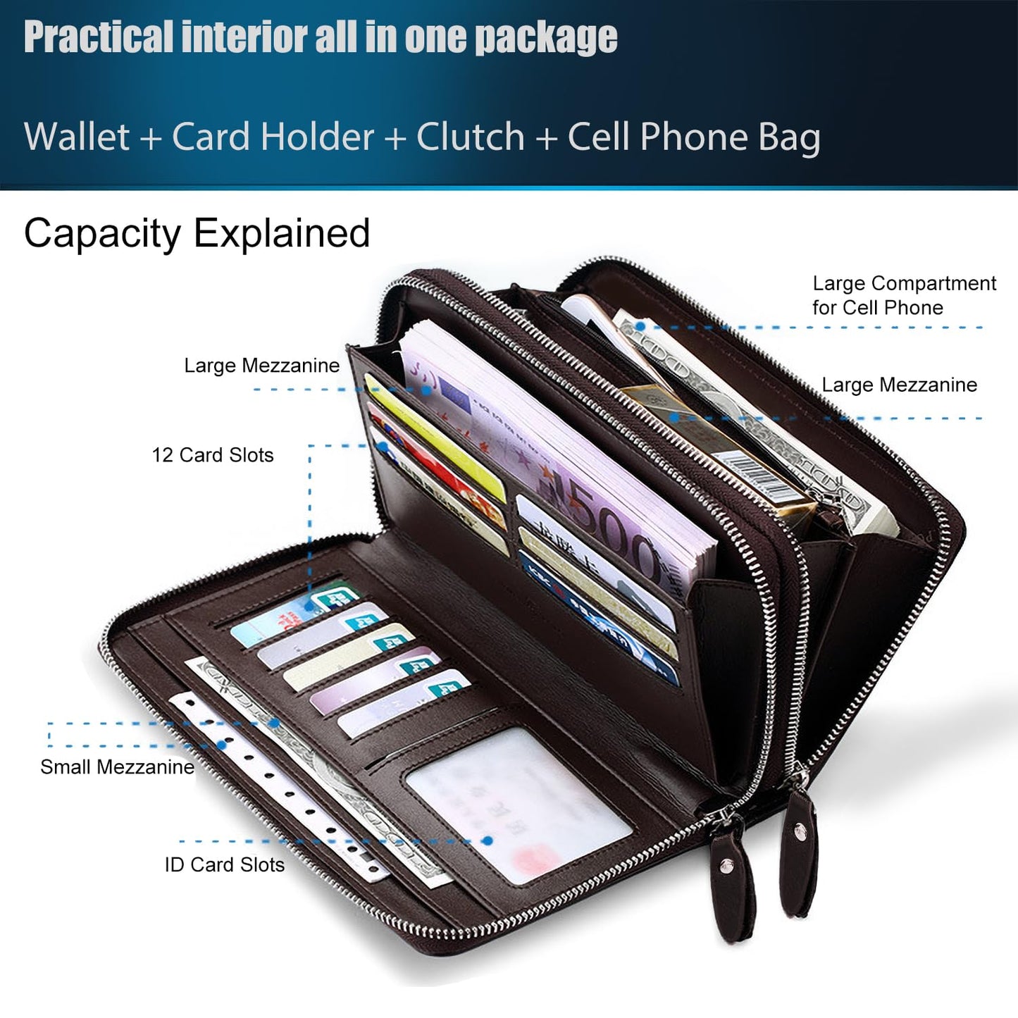 Long Wallet for Men with 12 Card Slots, Waterproof Leather Zipper Wallets for Men, Travle Wallet Clutch Men for Phone Cash and Card, Gift for Father Son Husband Boyfriend (Black)