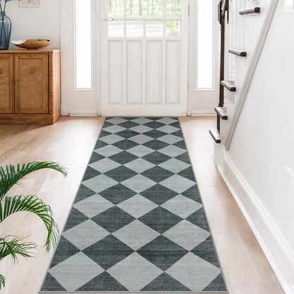 Beeiva Checkered Print Hallway Rug 2x6, Ultra Thin Kitchen Rug Runner Non Slip Washable Carpet Runners for Hallway 6ft, Modern Diamond Stain Resistant Floor Carpet for Bathroom Bedroom Entryway