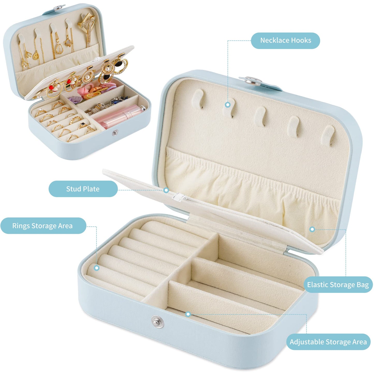 Neveika Travel Jewelry Box, PU Leather Small Jewelry Organizer for Women Girls, Double Layer Portable Mini Travel Case Display Storage Holder Boxes for Stud Earrings, Rings,Necklaces,Bracelets (blue)