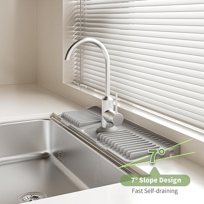 Faucet Mat for Kitchen Sink, 2025 New Silicone Sink Splash Guard, 7°Slope Fast
