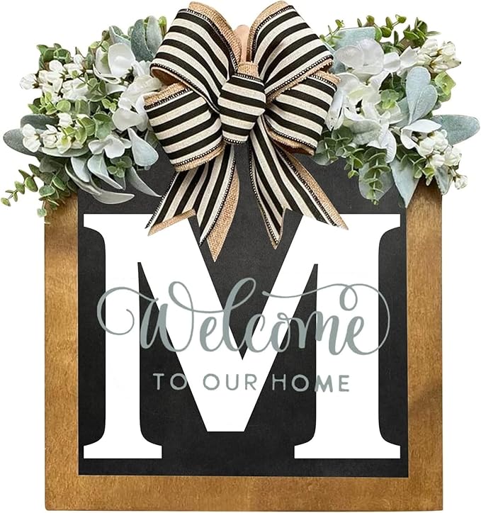 16'' Personalized M Letter Wooden Welcome Sign – All-Season Front Door Decor, Porch Décor for Outdoor, Durable & Elegant Door Wreath Alternative