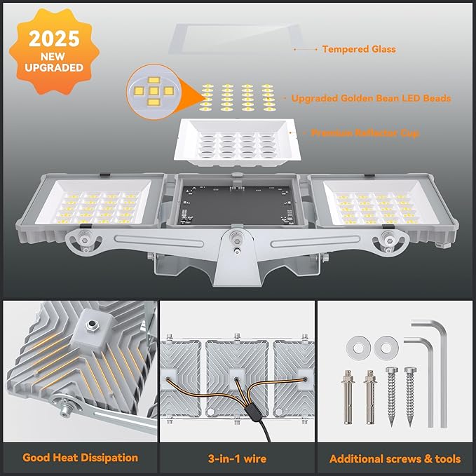 300W 2025 Plus New Upgraded LED Flood Light Outdoor, 30000LM Super Bright Stadium Lights, 6000K Daylight White, IP66 Waterproof, 3 Heads Adjustable Outdoor Floodlight for Yards, Arena, Garden