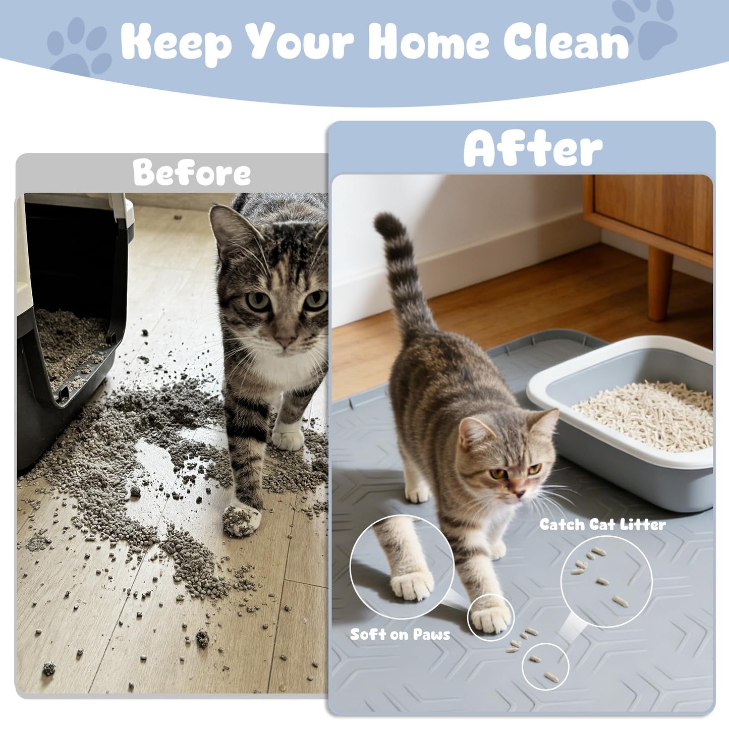 JUJOMAT Cat Litter Box Mat, 34"×22" Waterproof Silicone Cat Litter Trapping Mat Non-Slip Gray Kitty Litter Mat for Indoor Cats, Rubber Pet Food Mats with Lip Easy to Clean & Soft