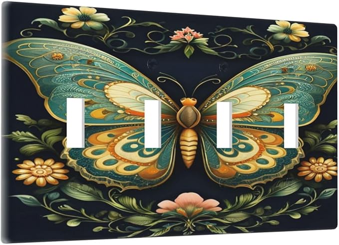Butterfly Ornate with Flower Light Switch Covers Quad Toggle 4 Gang Wall Plate Decorative Switchplate Electrical Faceplate for Farmhouse Bathroom Living Decor