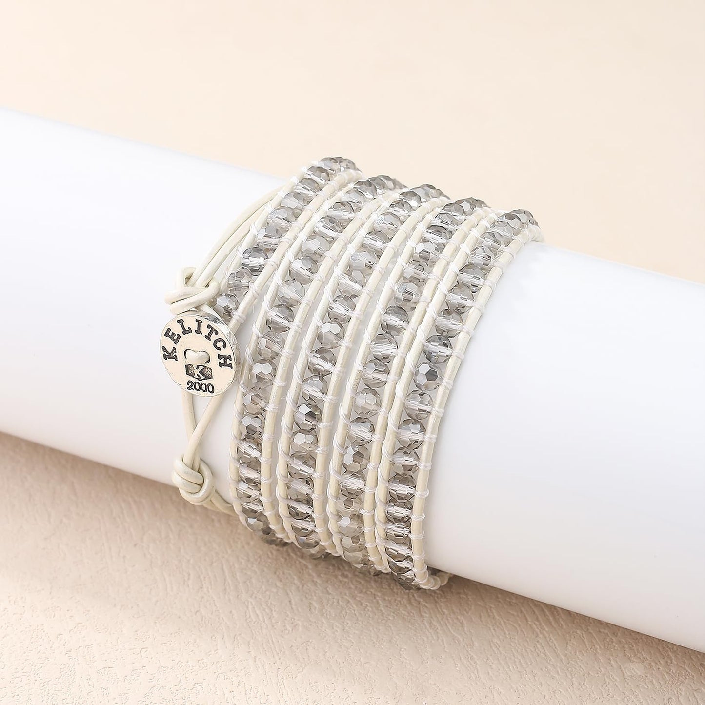 KELITCH New Gray Crystal Beaded 5 Wrap Bracelet On Leather Friendship Bracelets Jewelry for Womens