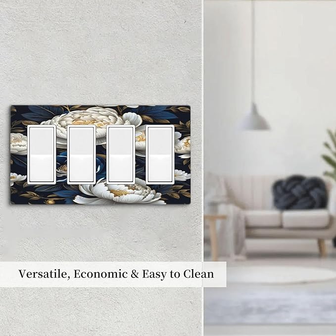 White Gold Blue Flower Light Switch Cover 4 Gang Rocker Decora Outlet Covers Wall Plate Decorative Switchplate Electrical Faceplate GFCI for Farmhouse Living Bedroom Decor