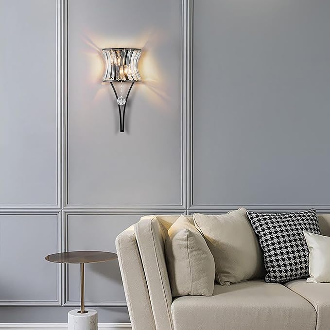 Crystal Wall Sconce 2-Light Black Wall Light Fixture Modern Luxury K9 Crystal Sconces Wall Lighting Elegant Glass Wall Mount Light Indoor for Bathroom Living Room Bedroom Hallway E14 Base