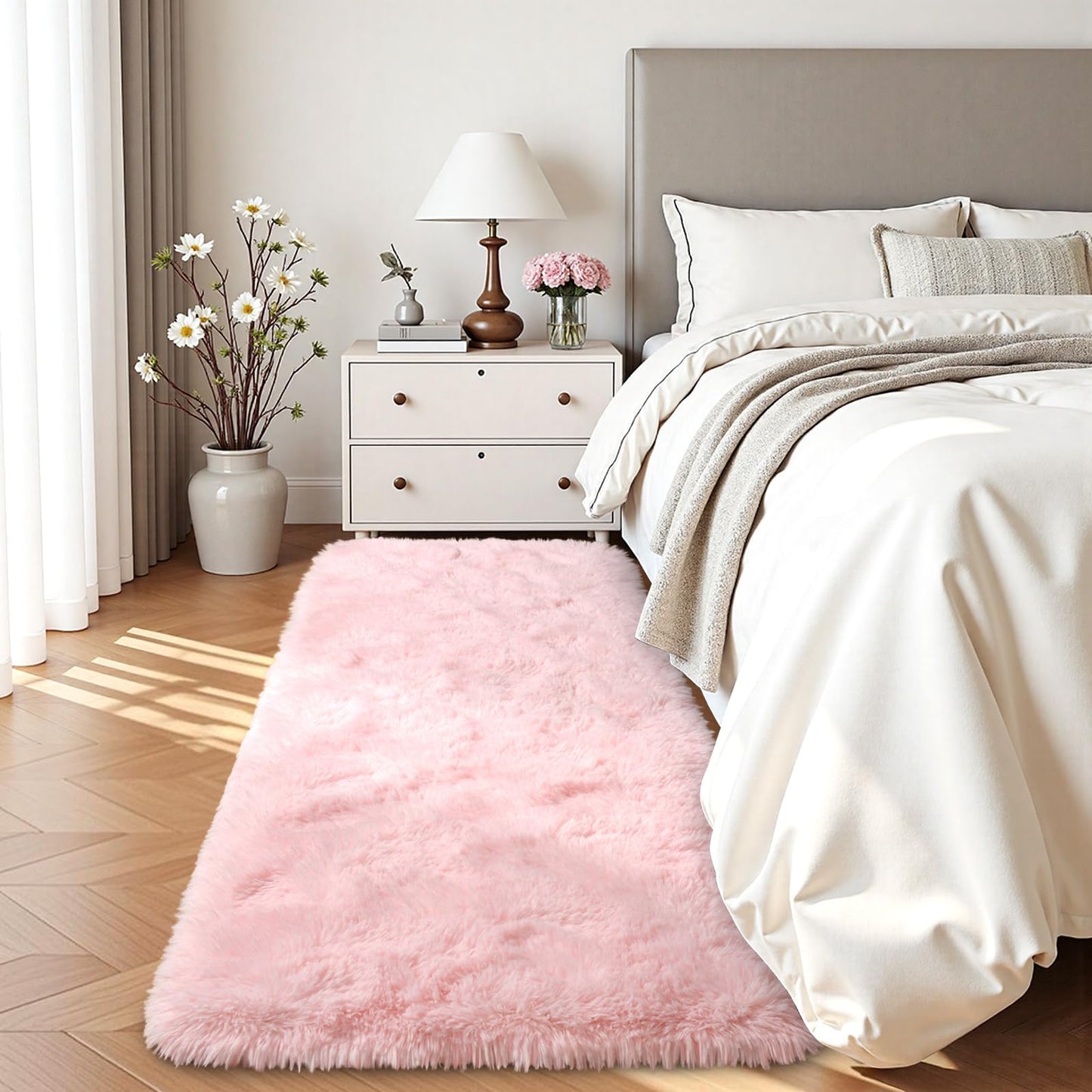 Terrug Pink Fluffy Runner Rug for Bedroom, 2x6 Ft Cute Shag Area Rugs for Hallway, Soft Machine Washable Plush Carpet with Non Slip Backing for Bathroom Bedside Kitchen Floor Decoration