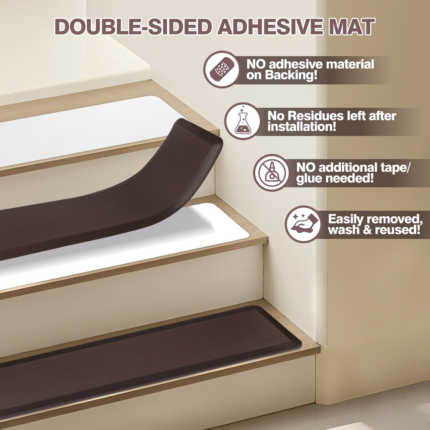 PURE ERA Cushioned Stair Mat, 8 x 30 Inch Non-Slip Stair Treads, Staircase Step Treads Foam Stair Pads, Tape Free Durable Stair Treads for Wooden Steps Washable, Easy to Clean (6 Pieces, Brown)