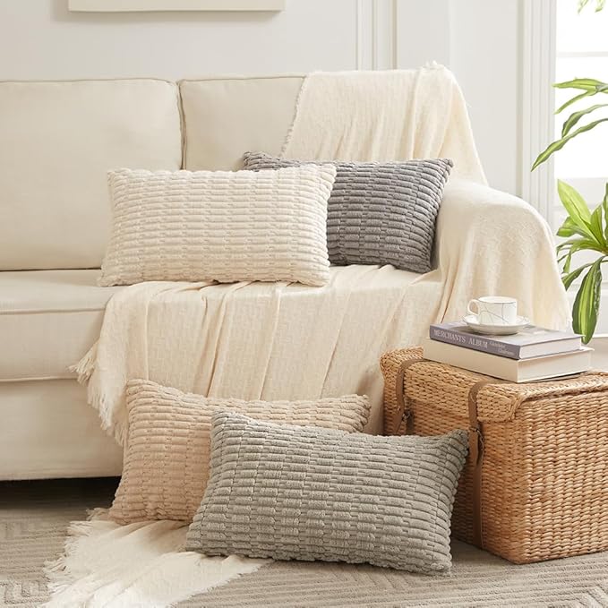 Fancy Homi Cream Boho Lumbar Decorative Throw Pillow Covers 12x20 Inch for Living Room Couch Bedroom, Soft Corduroy Rectangle Solid Cushion Case 30x50 cm, Rustic Farmhouse Home Decor
