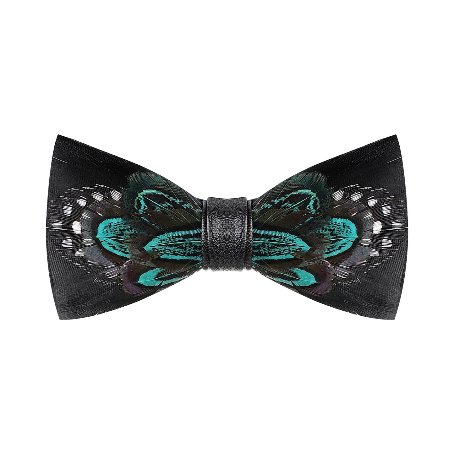 OhMill Men’s Handmade Feather Bow Tie Adjustable Leather Pre Tied Bowtie and Brooch Sets for Weddings Groom Prom Parties