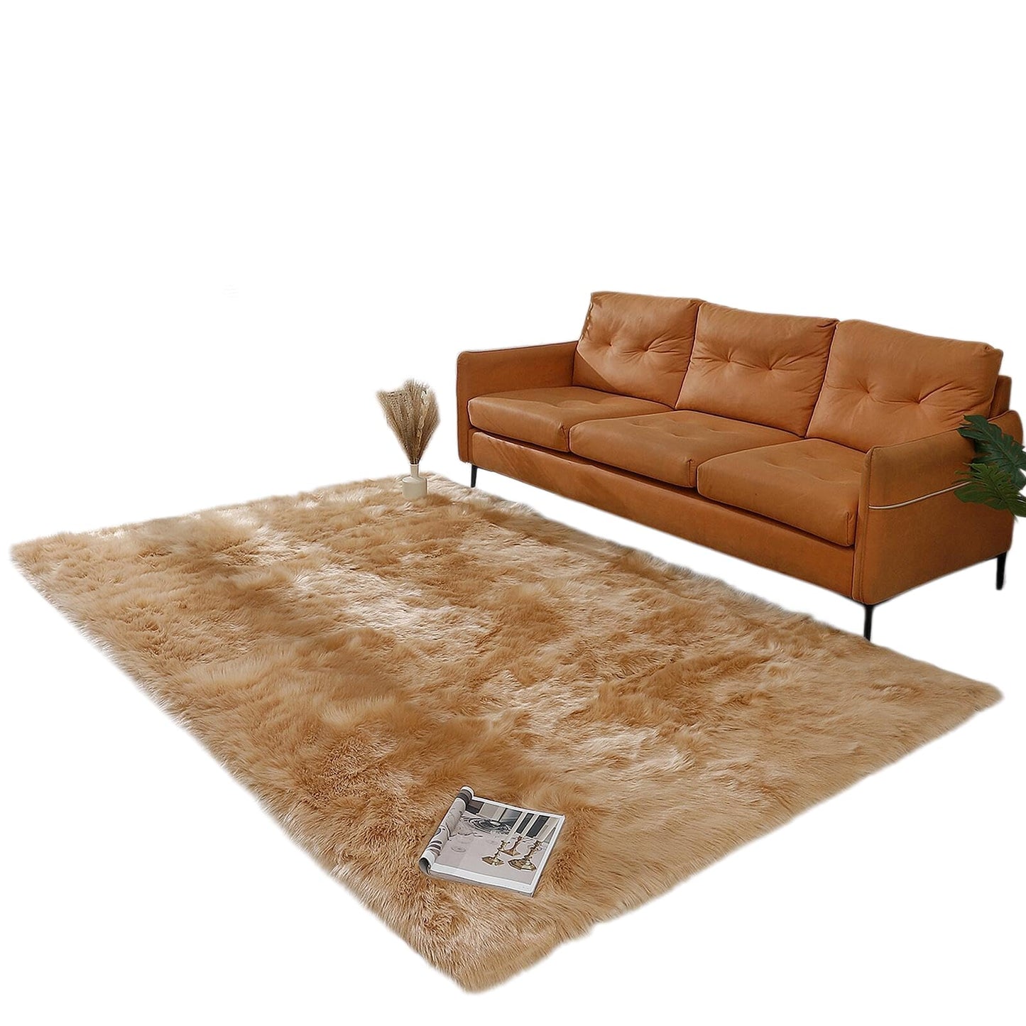 linmopm Faux Fur Rug Sheepskin Shag Fluffy Fuzzy 6x9 ft Beige Rugs for Bedroom Bedside Bed Floor Living Room Plush Rectangle High-Density Cushion Carpet Super Sofa Cover