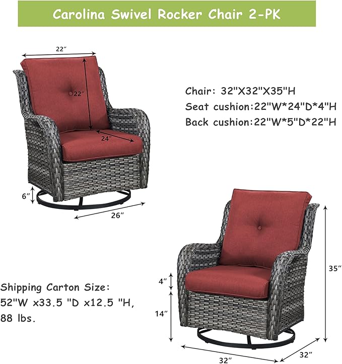 Rilyson Patio Chairs Rocking Swivel Chiar - 2 Piece Outdoor Wicker Furniture Chairs Set Rattan Rocker Chairs with High Back and Deep Seating for Outside Porch Deck Garden(Mixed Grey/Red)