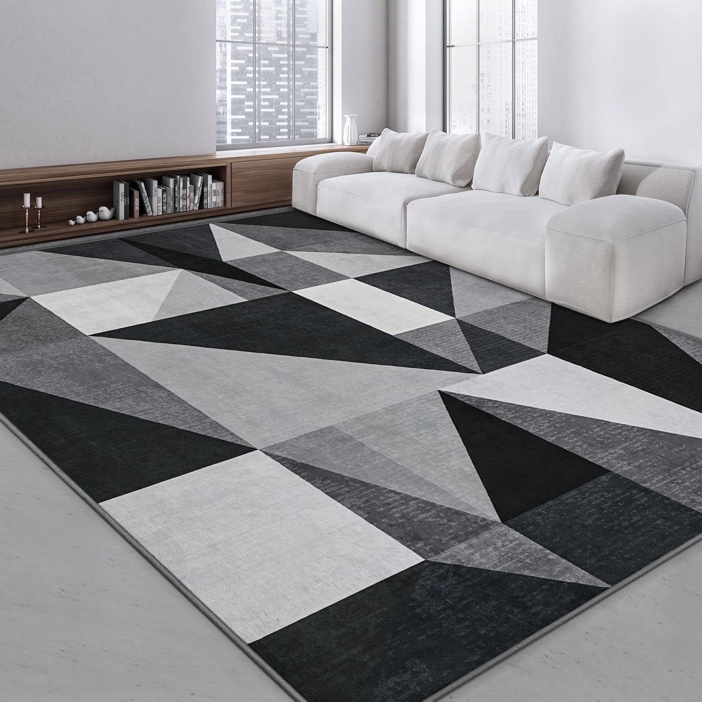 TWINNIS Indoor Modern Area Rug, 5x7 Geometric Patchwork Style Washable Large Rugs for Living Room Bedroom Hardwood Floors, Non Shedding Non Anti Backing Soft Carpet Home Floor Decor, Grey