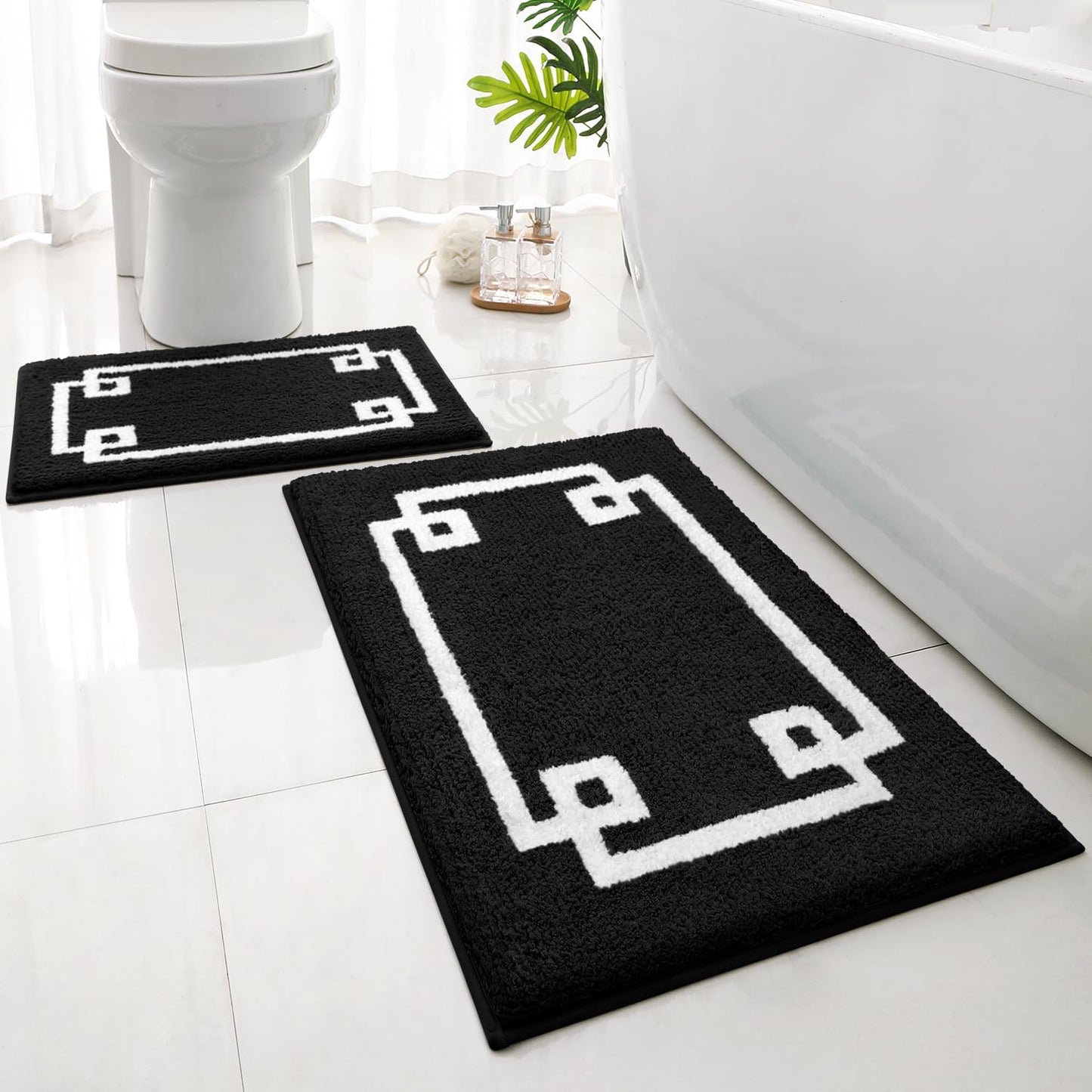 HOMEIDEAS 2 Piece Bathroom Rug Set, Ultra Soft Microfiber Bath Mats, Absorbent Non Slip Washable Rugs for Bathroom, Shower & Tub (Black, 16"x24"+20"x32")