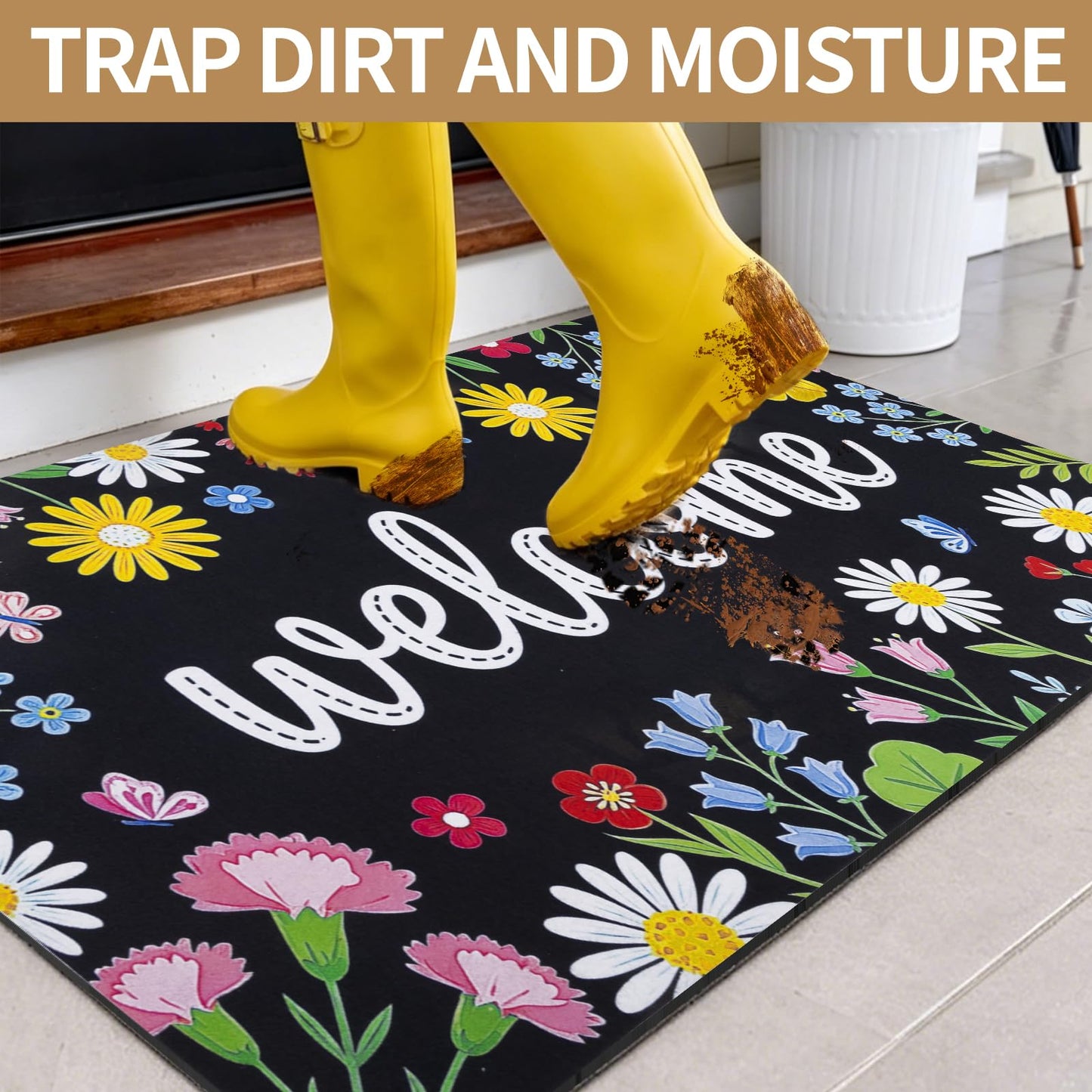 iouwy Spring Summer Welcome Door Mat 17×29 Inch, Low Profile Front Door Mat for Outside Inside Entrance, Non Slip Rubber Back for Indoor and Outdoor Entrance, Floral