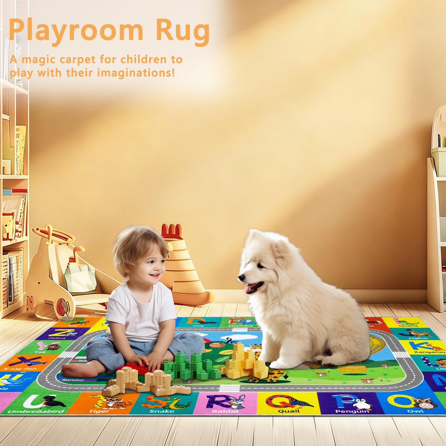 VSIWB Kids Rug for Playroom Educational ABC Rug Washable Play Mat Learning Alphabet Animals Numbers Non-Slip Soft Kids Carpet for Baby Toddler Classroom Nursery Bedroom Decor 3x5