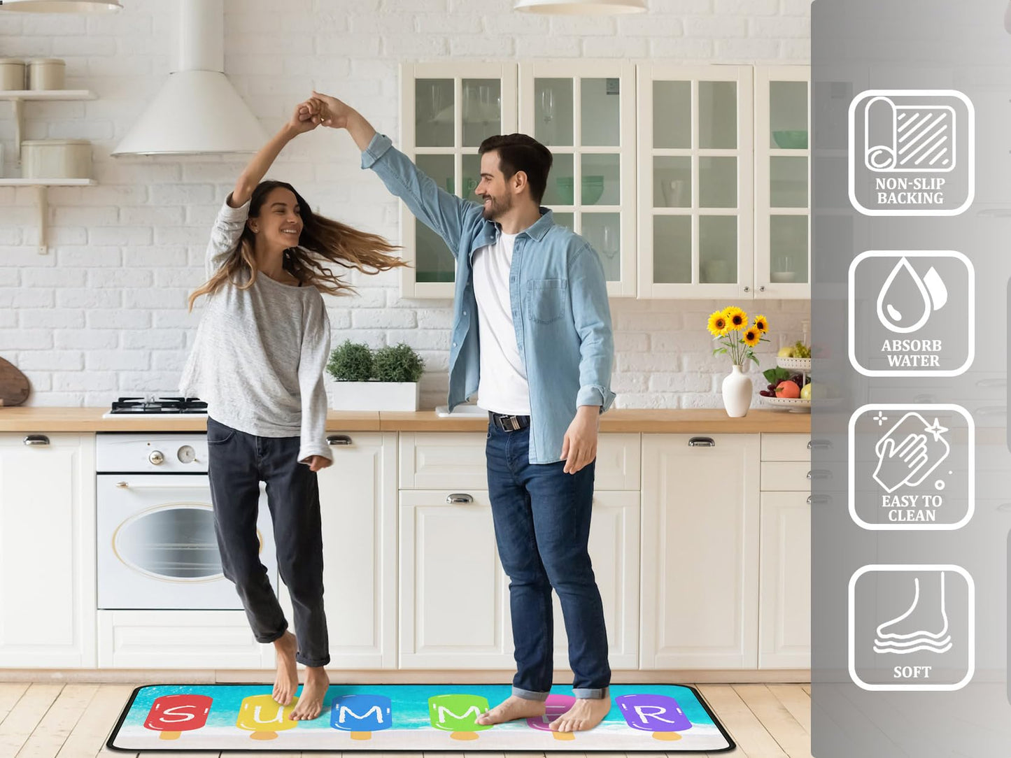 Lumiprinta Summer Blue Kitchen Rugs and Mats Set of 2, Seasonal Microfiber Washable Non-Slip Floor Mats for Home Kitchen Decor 17"x47"+17"x30"
