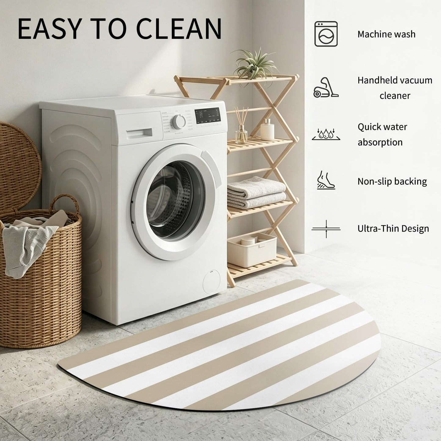 Half Circle Bath Mat Classical Stripe Semicircular Doormat Soft Non Slip Absorbent Quick Dry Diatomite Stone Area Rugs Khaki Drying Shower Mat for Bathroom Floor Bathtub Entryway Porch Kitchen 18"x30"