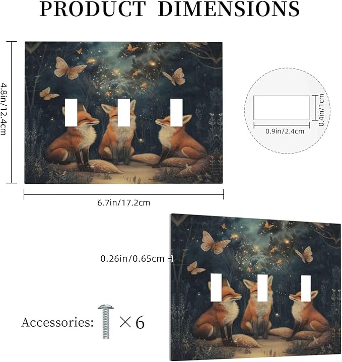 Decorative Art Light Switch Covers Foxes & Forest 3 Gang Triple Toggle Wall Plate Decorative Switch plate Electrical Faceplate for Home Decor