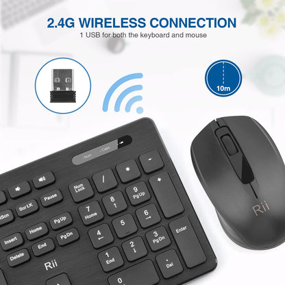 Wireless Keyboard and Mouse Combo - Rii Standard Office PC Keyboard and Optical Wireless Mice (Black)