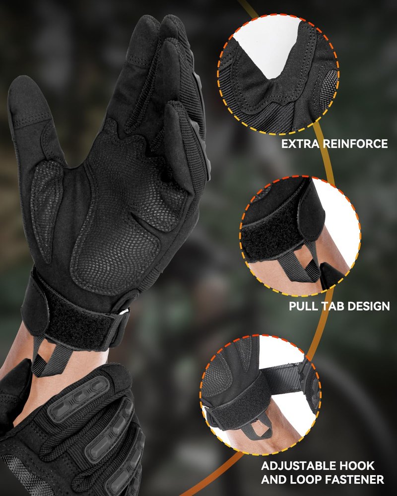 Tactical Gloves for Men and Women, Motorcycle Gloves Black Touchscreen with Hard Shell for Airsoft, Paintball, Motocross, Hunting, Shooting, Camping, ATV Riding, Outdoor Sports, Work (Black, Large)