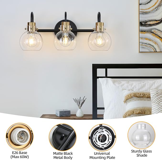 3 Lights Bathroom Light, Black Gold Vanity Light Fixture, Wall Sconces with Globe Clear Glass Shade, Farmhouse Wall Mount Lamp for Mirror, Kitchen, Porch, Living Room, Workshop