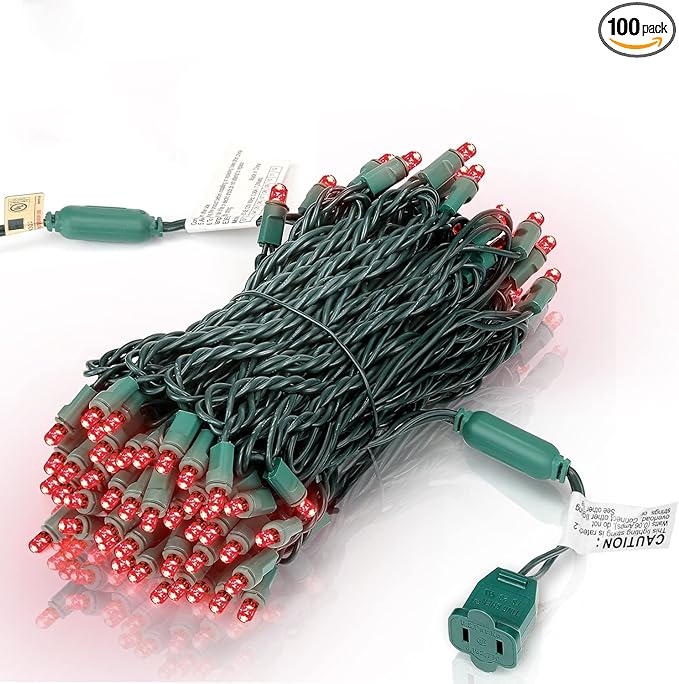 100 Counts LED Christmas Lights - 50 ft 5mm Red Commercial Grade Waterproof Indoor/Outdoor String Lights, Green Wire Mini Lights for Tree Decorations, UL, IP:65