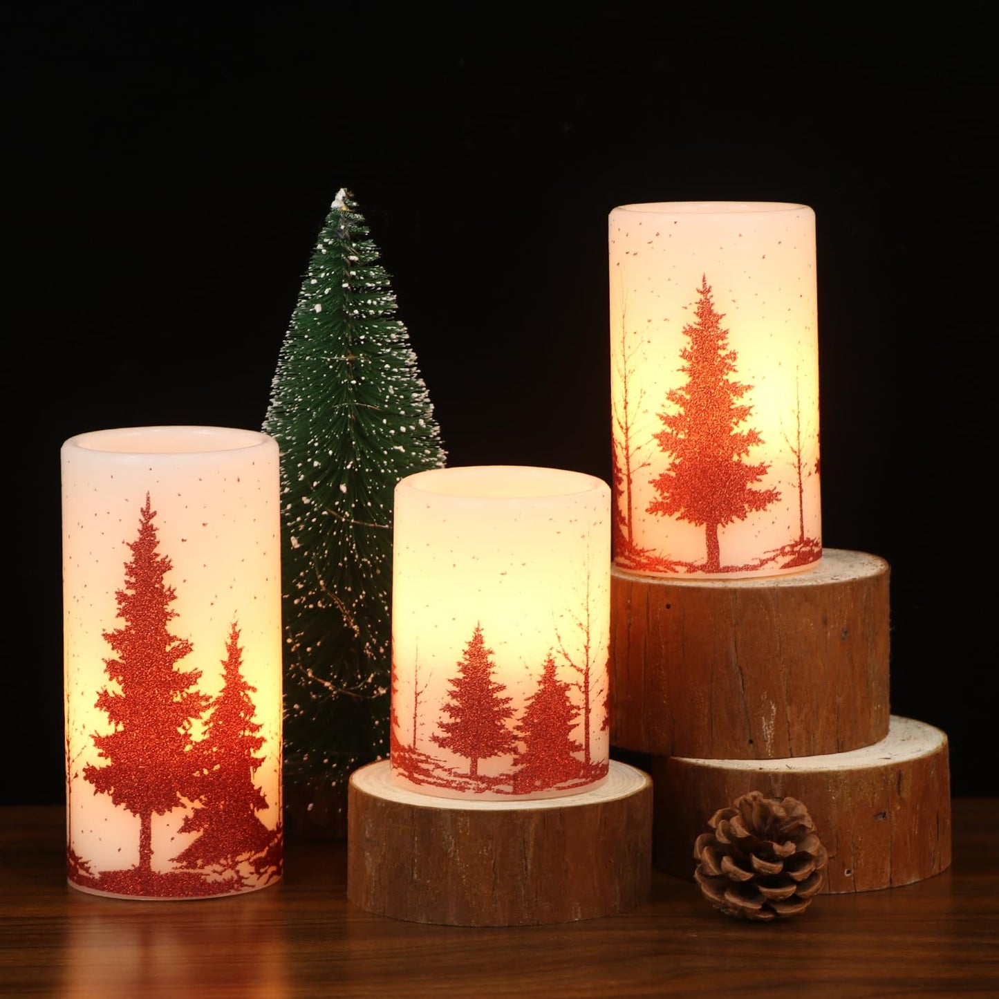 Wondise Flickering Flameless Candles with Timer, Battery Operated Real Wax Warm Light Red Christmas Tree Decal Candle for Home Decoration Christmas Gifts, Set of 3(D3 x H4/5/6 Inch)