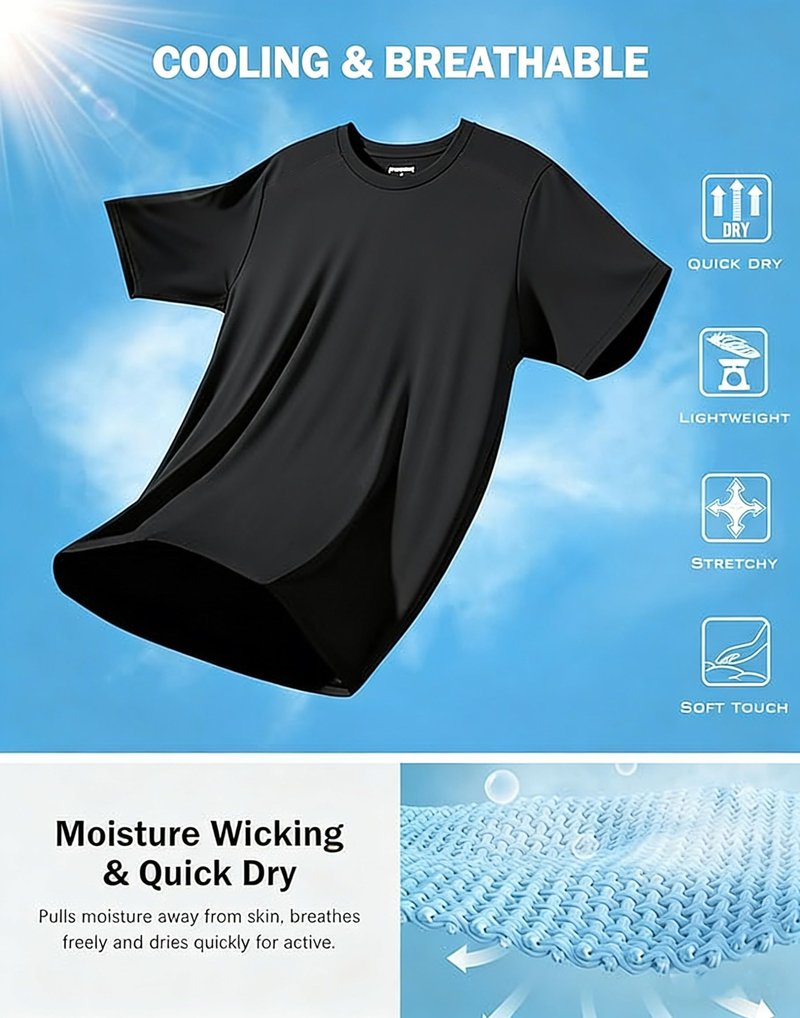 KINGFEN Men's UPF 50+ Sun Protection Shirt Quick-Dry Moisture Wicking Lightweight Breathable Short Sleeve T-Shirt for Hiking Black L