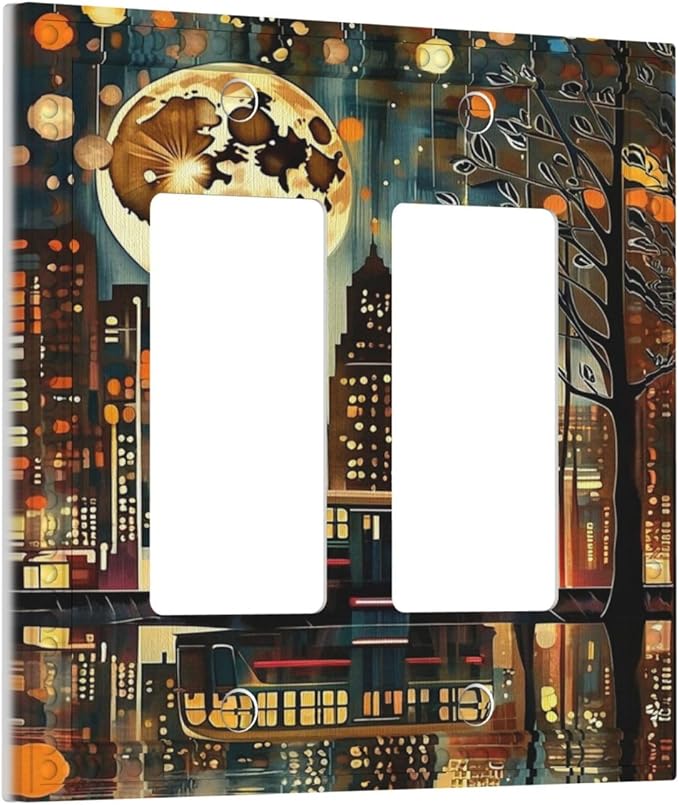 City Light Moon Bus Abstract Art Dual Outlet Covers Wall Plate 2 Gang Rocker Decora Decorative Switchplate Electrical Faceplate GFCI Light Switch Covers for Farmhouse Living Decor