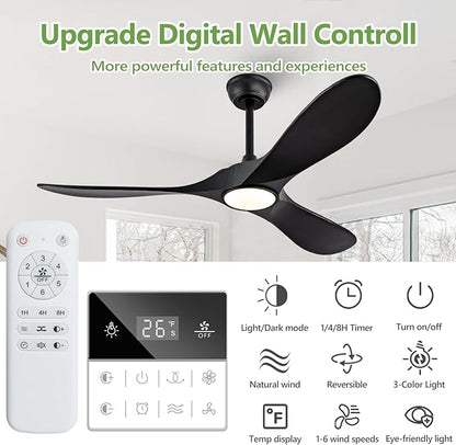 52 Inch Ceiling Fans with Lights and Remote, Dimmable 3 Blade Wood Outdoor Ceiling Fan Outdoor Fans for Patios Low Profile Modern Ceiling Fan with Light for Living Room Indoor Matte Black