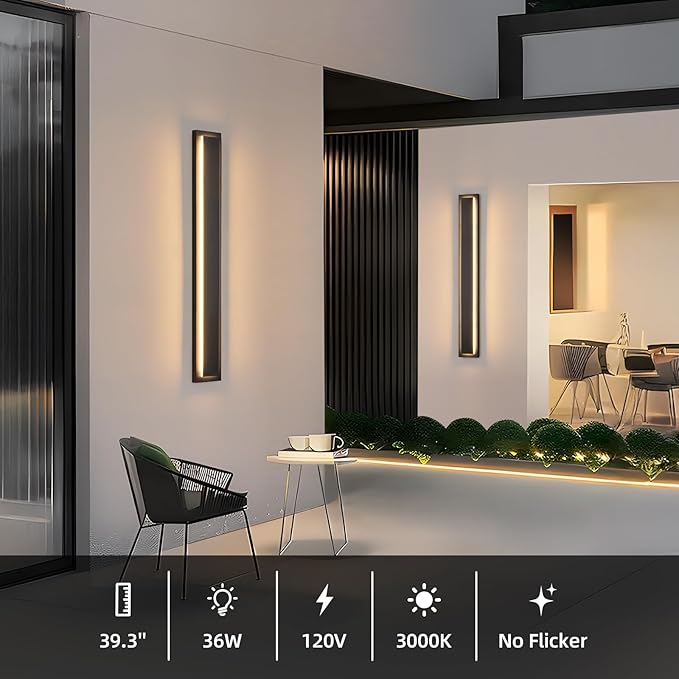 tewei 39.3 Inch Modern Outdoor Wall Sconce, Long Black LED Exterior Lighting Fixtures, Modern Large Outdoor Front Porch Lights Outside Wall Mount Lights for House, Warm White 3000K, 2 Pack