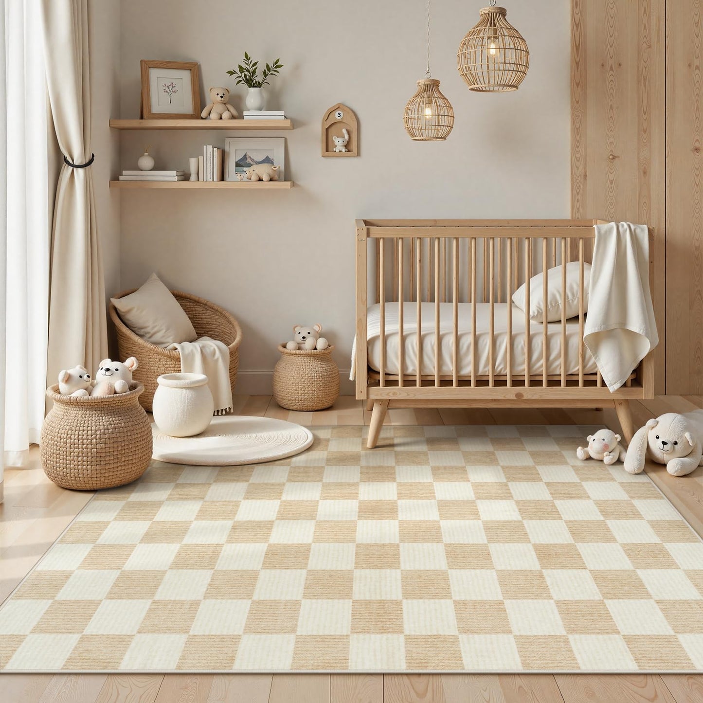 Machine Washable 5x7 Area Rugs for Living Room Checkered, Non Slip Soft Low Pile Farmhouse Geometric Modern Neutral Playroom Boys Rugs for Bedroom, Large Carpet Rugs for Dining Room(Ivory,5'x7')