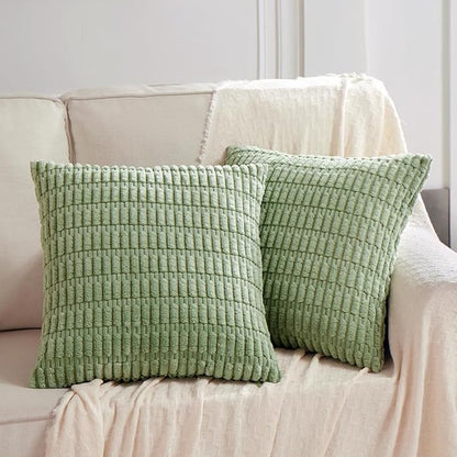 Fancy Homi Sage Green Decorative Throw Pillow Covers 16x16 Inch for Living Room Couch Bed Sofa, Soft Striped Corduroy Square Cushion Case 40x40 cm, Rustic Farmhouse Boho Home Decor