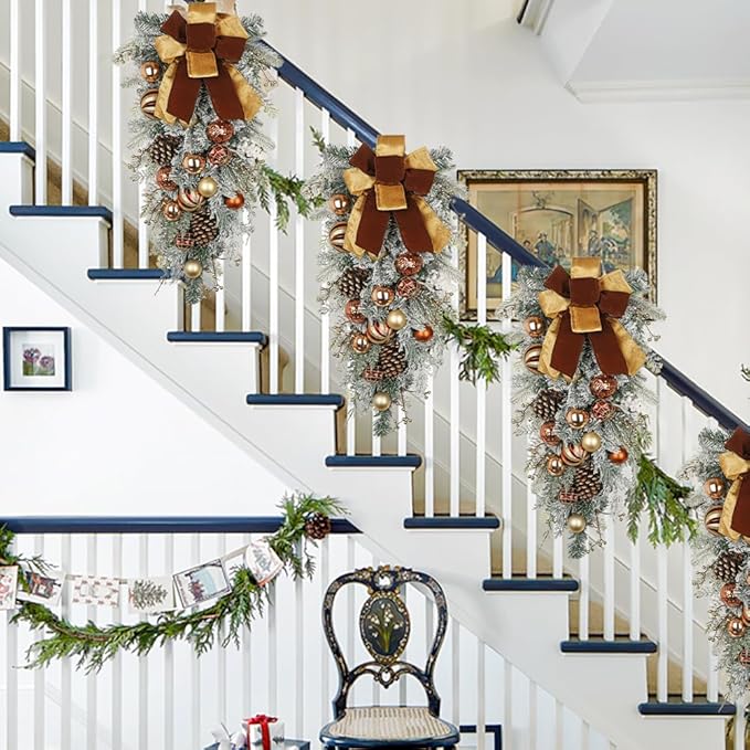 30" Christmas Teardrop Swag for Front Door Artificial Winter Swag Garland with Pine Cones, Berry Clusters, Bronze Ball Ornaments and Ribbons for Thanksgiving Holiday Christmas Decoration