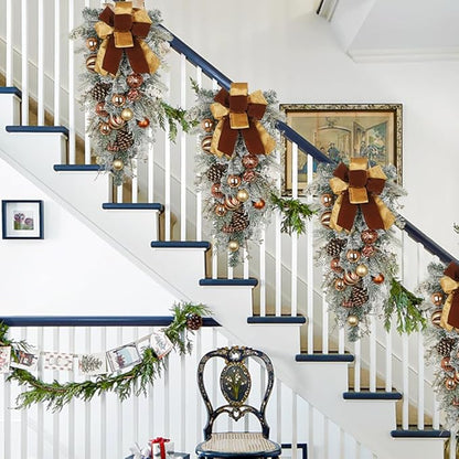 30" Christmas Teardrop Swag for Front Door Artificial Winter Swag Garland with Pine Cones, Berry Clusters, Bronze Ball Ornaments and Ribbons for Thanksgiving Holiday Christmas Decoration
