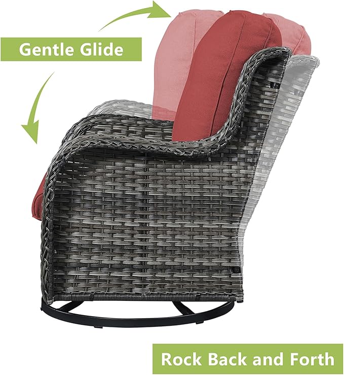 Rilyson Patio Chairs Rocking Swivel Chiar - 3 Piece Outdoor Wicker Patio Bistro Set Rattan Rocker Glider Chairs with High Back and Deep Seating for Outside Porch Deck Garden(Mixed Grey/Red)