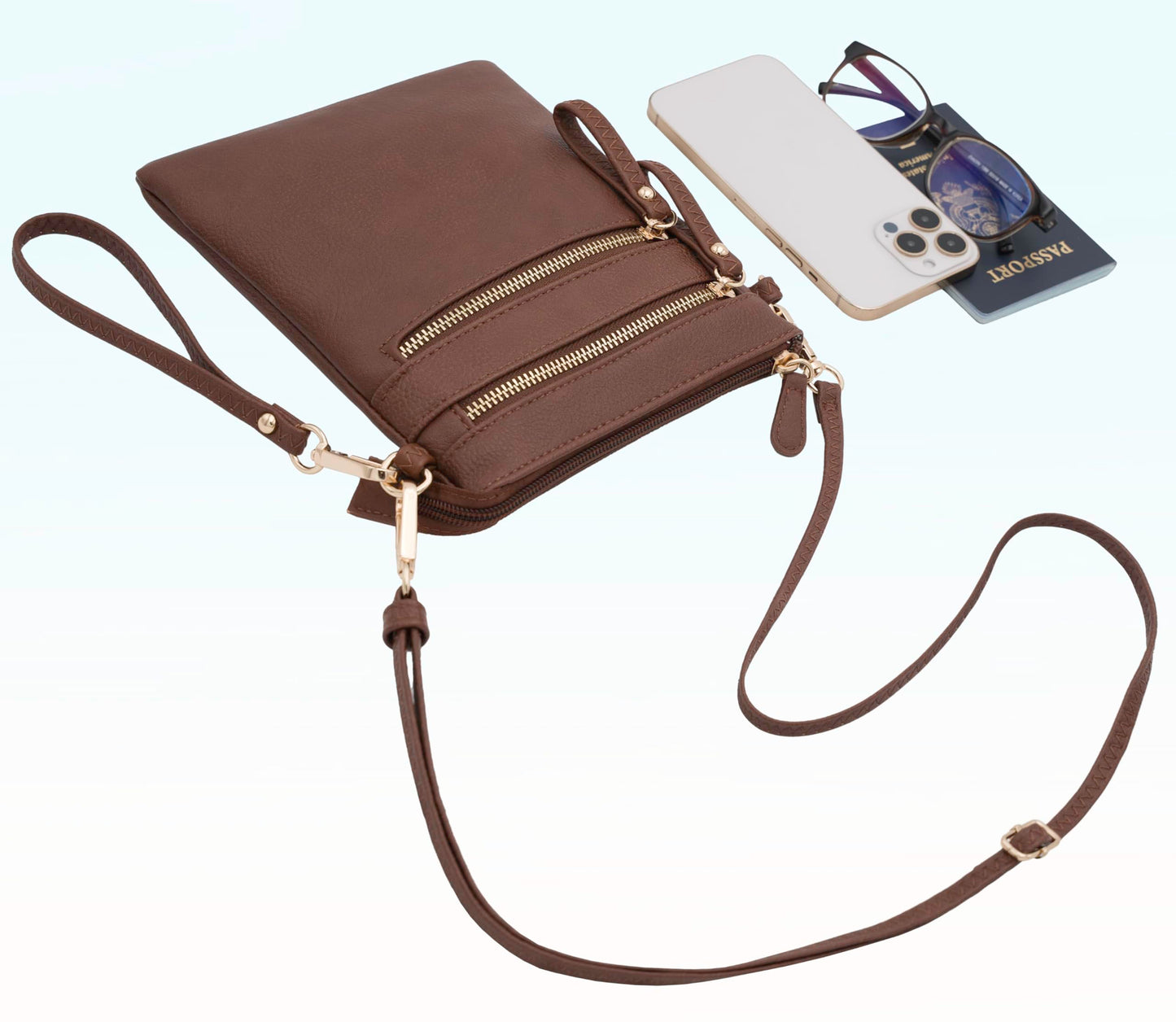 Solene Women's Faux Leather Organizer Multi Zipper Pockets Handbag With Detachable Wristlet Crossbody Bag-WU002(Coffee)