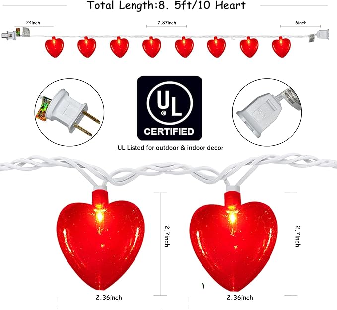 Red Heart Lights, 8.5Ft Valentine's Day Lights with 10 Red Glitter Hearts, Plug-In String for Indoor Party Decor